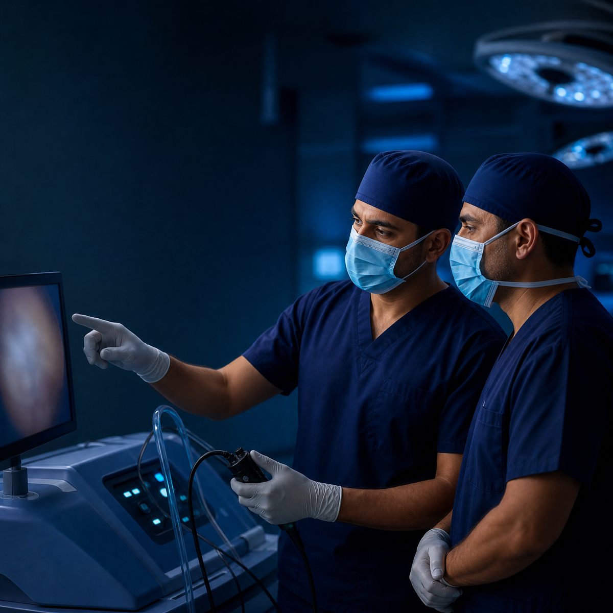 Dois médicos analisando o monitor
